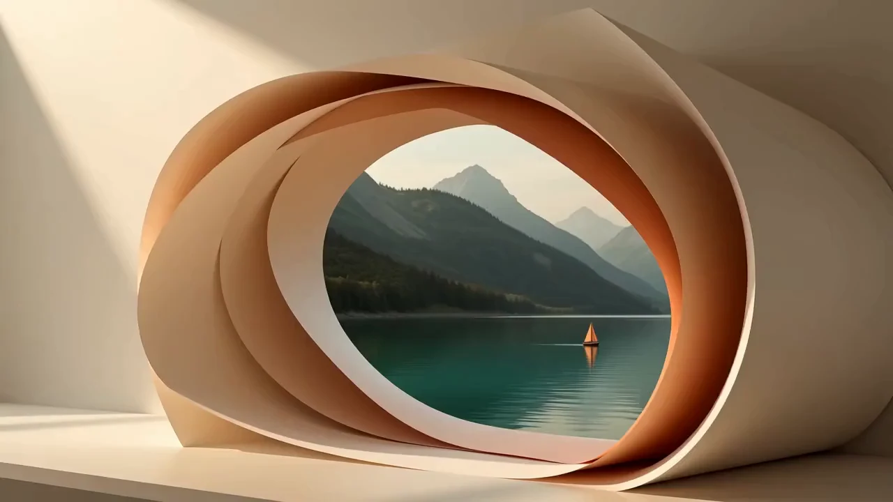 A folded ivory arch opens onto an emerald lake and a small orange sailboat.